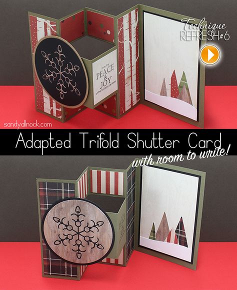 Sandy Allnock: Adapted Trifold Shutter Card…revisited! #video #PDF #tutorial Trifold Shutter Cards, Shutter Cards, Shutter Card, Sandy Allnock, Folding Cards, Tri Fold Cards, Card Making Templates, Card Folds, Fun Folds