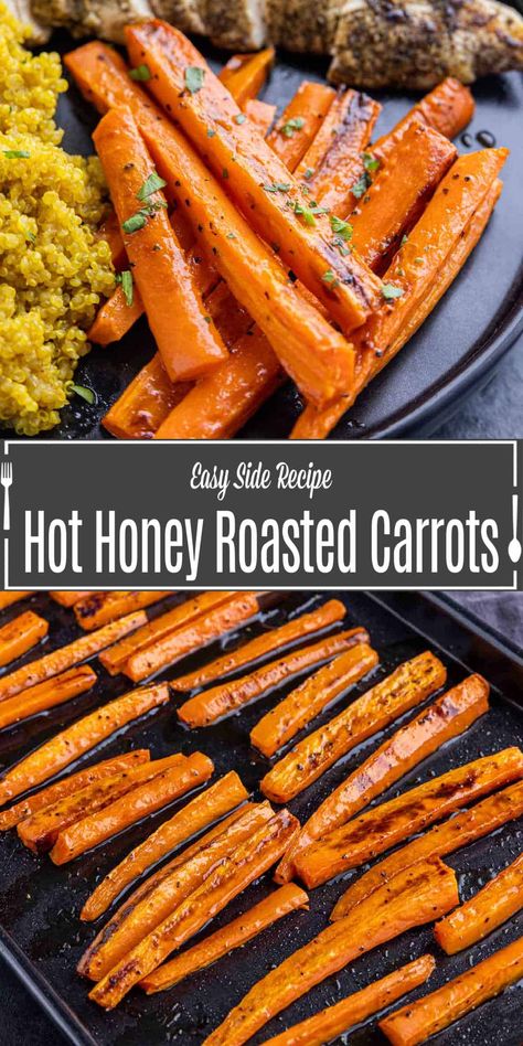 Sweet And Spicy Carrots, Baked Glazed Carrots, Roasted Carrotts, Baked Carrots Recipe, Honey Glazed Carrots Recipe, Honey Glazed Roasted Carrots, Hot Honey Recipe, Honey Carrots, Carrot Recipe