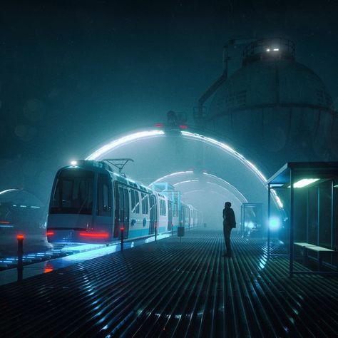 sci fi aesthetic Kota Masa Depan, Last Train Home, Ville Cyberpunk, Train Home, Sci Fi Aesthetic, Sci Fi City, Futuristic Aesthetic, Sci Fi Environment, New Retro Wave