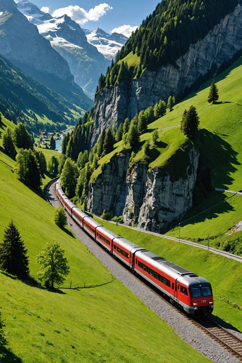 The Most Scenic Train Rides in Switzerland You Need to Take! Train Switzerland Swiss Alps, Scenic Train Rides Europe, Train Through Switzerland, Swiss Alps Train, Switzerland Train Ride, Bernina Express Switzerland, Swiss Alps Aesthetic, Train Switzerland, Glacier Express Switzerland