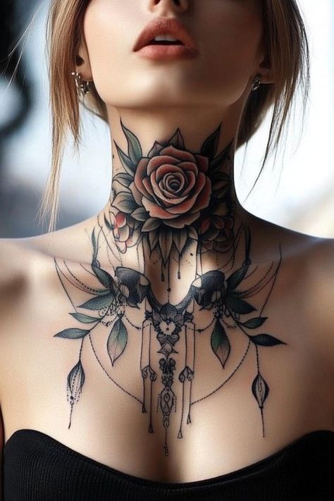 Throat Tattoo Ideas Female, Moth Throat Tattoos Women, Women’s Necklace Tattoo, Tattoo On Face Women, Neck Tattoo Color, Full Neck Tattoos Women, Big Neck Tattoos Women, Girly Neck Tattoos, Butterfly Throat Tattoo