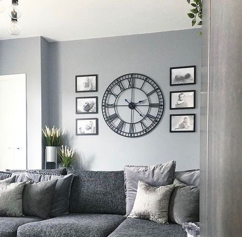 Melody Maison on Instagram: “Who doesn’t love a feature wall? This fabulous space is from the lovely home of @ourhome138_ 💕 We think our Large Black Iron Skeleton Wall…” Picture Wall With Clock In Middle, Large Clock Wall Decor Living Rooms Above Couch, Living Room Wall Clock Decor Ideas, Dining Room Clock Wall Decor, Big Clock Wall Decor, Large Wall Clocks Living Room Decor, Large Clock Wall Decor Living Rooms, Farmhouse Clock Wall Decor Living Room, Large Clock Wall Decor