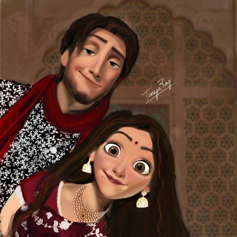 Digitial art #disney Disney Princess Desi Version, Disney Princesses Painting, Wallpaper For Couples, Indian Disney Princess, Cute Couple Illustration, Disney Princess Paintings, Eugene Fitzherbert, Princess Drawing, Cute Drawings Of Love