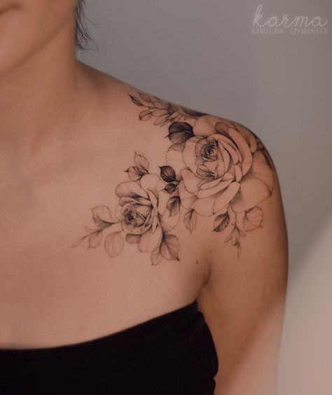 Classy Tattoo, Feminine Shoulder Tattoos, Bone Tattoos, Flower Tattoo Shoulder, Inspiration Tattoos, Shoulder Tattoos For Women, Full Sleeve Tattoos, R Tattoo, Rose Tattoo Design