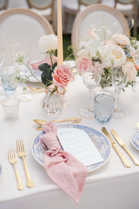 Tablescape Wedding Romantic, Blue White And Pink Table Setting, Hydrangea Bud Vase Wedding, Pale Pink And Green Wedding, Pink Garden Party Wedding, Mixed China Wedding Table Settings, Wedding Table Centerpieces Vases, Soft Pink Wedding Theme, Wedding Table Settings Pink