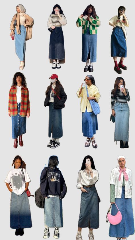 #outfitinspo #inspo #inspiration #fashion #inspoboard #beauty #jeanskirt #jeans #modestfashion Modest Outfits Casual Pants, Jean Skirt Office Outfit, Denim Skirt Styling Ideas, Cute Long Jean Skirt Outfits, Denim Skirt 2000s Outfit, Streetwear Fashion With Skirt, Light Jean Skirt Outfit, Long Skirt Outfits 2024, Jeans Skirt Winter Outfit