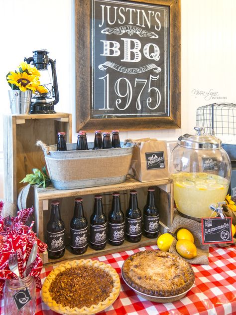 Rustic, Country, BBQ 40th Birthday Party by Nissa-Lynn Interiors #BBQ #Birthday #mansbirthday #summertime #country #famhouse #lemonade #grilling #birthdayparty 40th Birthday Bbq, 40th Birthday Celebration Ideas, Bbq Birthday Party, Bbq Birthday, Backyard Bbq Party, Rustic Birthday, Birthday Bbq, Rustic Party, 40th Birthday Party