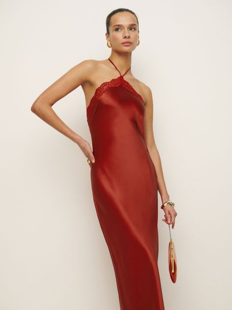 How fancy. Shop the Aara Silk Dress from Reformation, a midi dress with a halter neckline and lace detailing. Couture, Silk Dresses Outfit, Fancy Shop, Rehearsal Dinner Dresses, Essential Dress, Long Red Dress, Swimwear Dress, Reformation Dress, Silky Dress