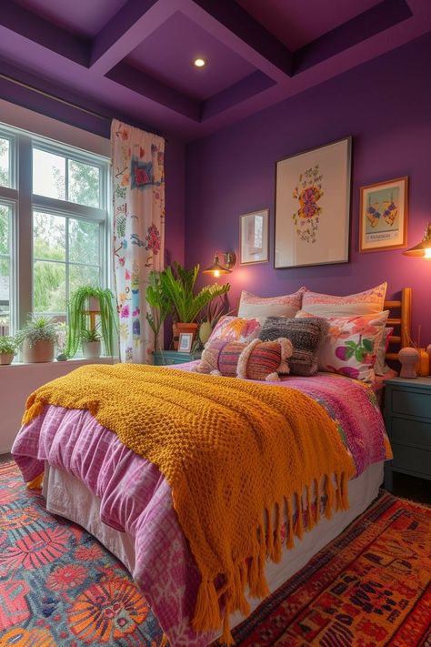 Colourful Maximalism, Bright Room Colors, Rainbow Walls, Colorful Rooms, Cute Living Room, Bright Room, Purple Bedrooms, Boho Style Bedroom, Small Bedroom Ideas