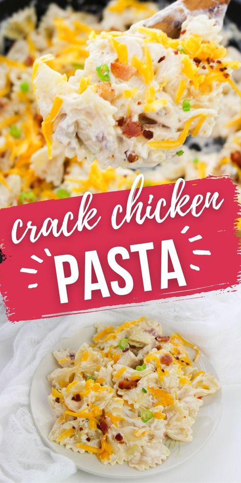 Crack Chicken Pasta is that creamy, comforting, meal that is crave-worthy. So much flavor due to crispy bacon and ranch seasoning. Cold Chicken Bacon Ranch Pasta, Chicken Bacon Ranch Pasta Salad Cold, Ranch Seasoning Pasta Salad, Few Ingredient Meals Chicken, Chicken Bacon Ranch Pasta Skillet, Chicken Bacon Ranch Pasta With Cream Cheese, Barbeque Chicken Pasta, Rotisserie Chicken Bacon Ranch Pasta, Chicken Bacon Ranch Bowtie Pasta