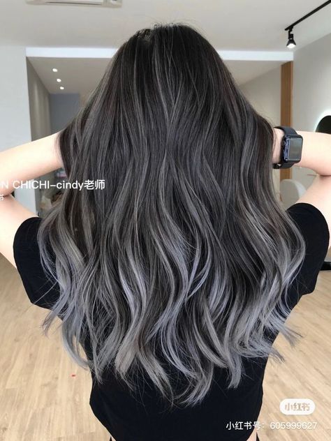 Slate Sophistication: Elegant Grey Hair Transformations Grey Toned Balayage, Asian Silver Hair Balayage, Black Gray Balayage, Black Hair With Dark Grey Balayage, Dark Hair Silver Balayage, Long Hair Babylights, Balayage Hair Grey Silver Dark Roots, Black Gray Hair Balayage, Black And Gray Balayage