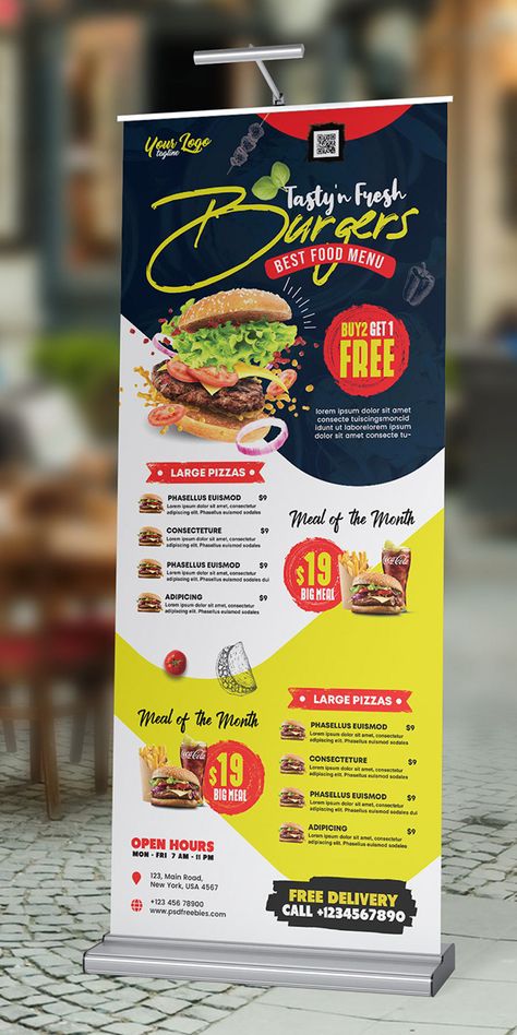 Creative Restaurant Shop Roll-Up Banner PSD on Behance Momo Logo, Standing Banner, Poster Promo, Rollup Design, Standing Banner Design, Roll Up Banner Design, Rollup Banner Design, Menu Design Inspiration, Standee Design