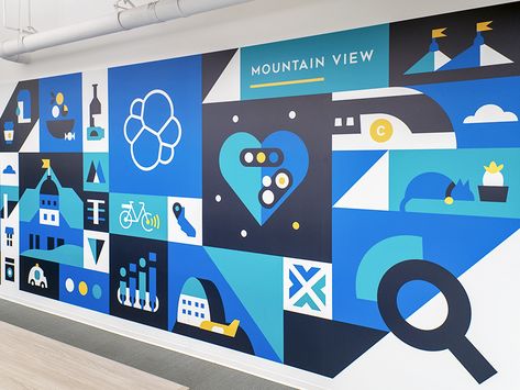 Office Mural - Mountain View by Christine Gan Restaurant Environmental Graphics, Wall Mural Illustration, Office Walls Design, Office Wall Graphics Design, Office Wall Illustration, Office Mural Ideas, Retail Mural, Corporate Office Wall Graphics, Graphic Wall Design