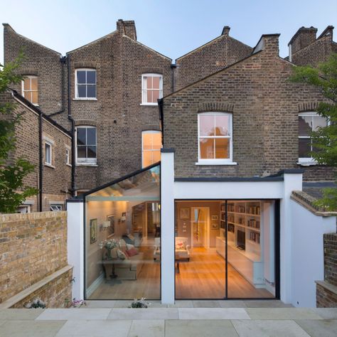 High-quality glass side extension and rear extension.  Planning approval was made possible by demonstrating a well-conceived, high-quality design which visually separates the extensions whilst responding to the rhythm and pattern of adjacent properties. Terraced House Extension, Victorian Terrace Extension, Terrace House Extension, Terrace Extension, London Terrace House, Basement Garden, Terrace House Exterior, House Extension Plans, Side Extension