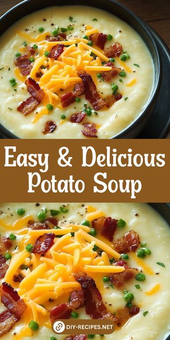 Looking for an easy dinner? This Potato Soup recipe is simple to make and full of flavor, with creamy potatoes, savory bacon, and a touch of sour cream. Soup With Potato Gnocchi, Creamy Based Soup, Potato Soup With Cheddar Cheese Soup, Creamy Bacon And Potato Soup, Healthy Potato Bacon Soup, Potato Bisque Soup, Potatoe Bacon Soup Easy, Cream Of Potato Recipes, Charleston's Baked Potato Soup