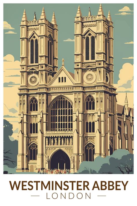 Westminster Abbey England Travel Art Vintage Poster Westminster Abbey Drawing, England Travel Poster, Westminster Abbey London, Westminster London, Vintage Illustration Art, London Poster, London Trip, Anglican Church, Saint Peter