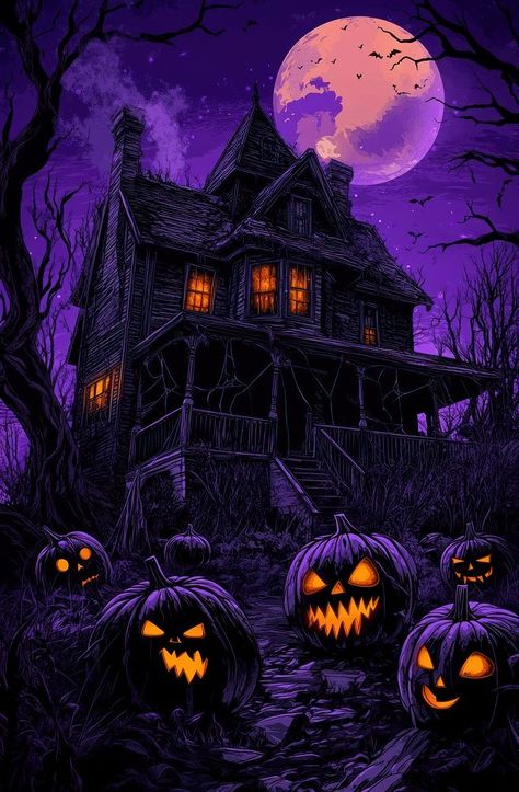 A haunted house in the woods halloween pumpkins glowing. | free image by rawpixel.com / Pitcha Benrohman Halloween House Wallpaper, Cool Halloween Backgrounds, Haunted House Aesthetic, Haunted House Art, Haunted House Pictures, Haunted House Pumpkin, House Scary, Hunted House, Scary House