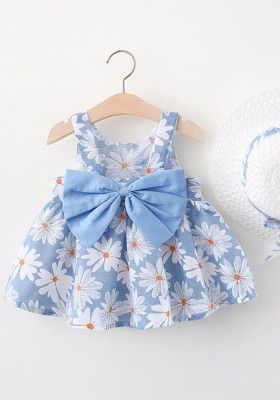 Summer Chrysanthemum Floral Big Bow Straw Hat Girl Baby Girl Full Chrysanthemum Print Dress Baby Girl Frock Designs, Cotton Frocks For Kids, Frocks For Babies, Frocks For Kids, Kids Dress Collection, Cotton Frocks