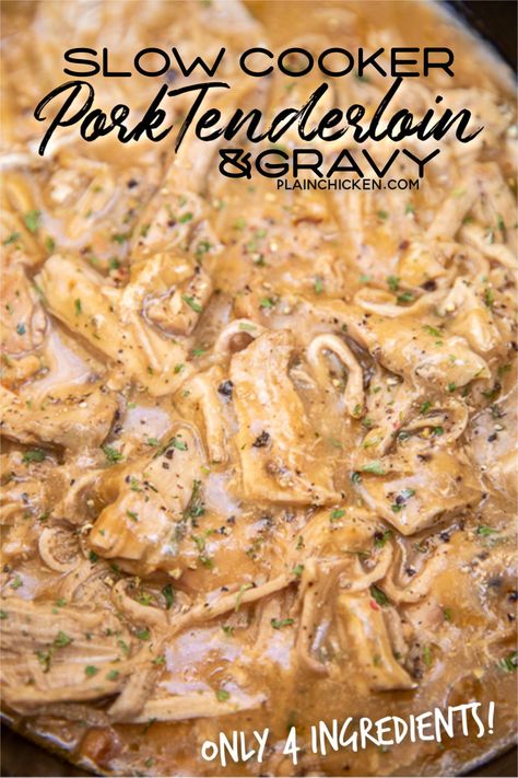 Crockpot Pork Tenderloin  Gravy – only 4 ingredients!! Pork tenderloin, gravy mix, cream of chicken soup, and chicken broth. Such a great weeknight meal! Just dump everything in the crockpot and let it work its magic! Serve over hot steamed rice or potatoes with some green beans. SO easy and kid-friendly too! #slowcooker #crockpot #pork #porktenderloin Pork Tenderloin Recipes In Crockpot With Potatoes, Pork Tenderloin Gravy, Sunday Crockpot Meals, Tenderloin Crockpot, Tenderloin Recipes Crockpot, Easy Pork Tenderloin, Crockpot Pork Loin, Crockpot Pork Tenderloin, Slow Cooker Pork Tenderloin