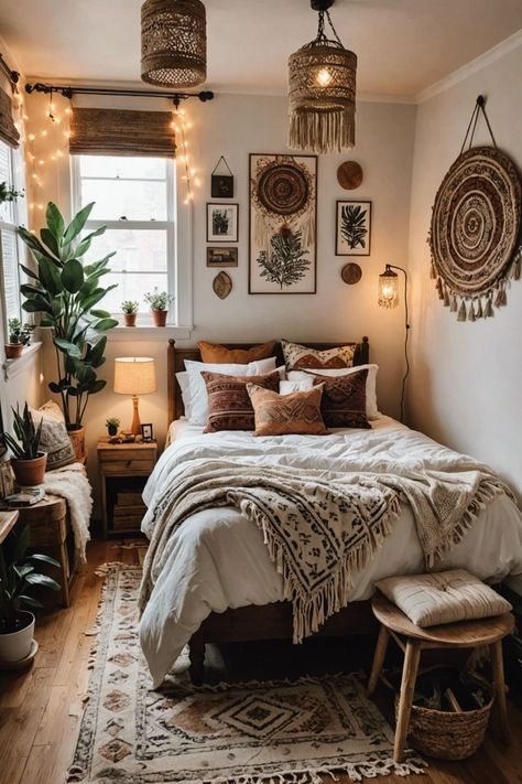 Small Room Boho Decor, Small Cozy Bedroom Aesthetic, Small Boho Room, Bohemian Small Bedroom, Cozy Bed Decor, Tiny Boho Bedroom, Boho Cozy Bedroom, Boho Small Bedroom, Small Bedroom Modern