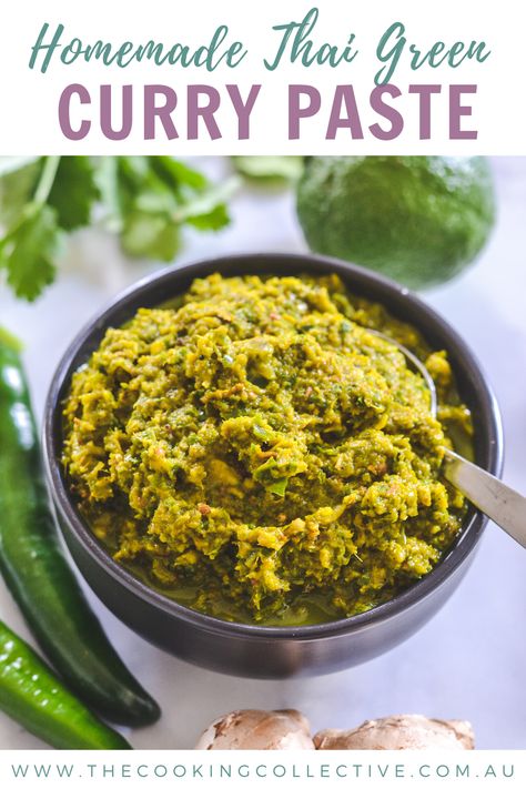 Homemade Thai green curry paste from scratch is so easy to make and is much healthier and fresher than store-bought pastes! Try it in my homemade creamy coconut chicken curry, or add this punchy bright green paste to your favourite meats, seafood, soups, noodles, stir fries and more. This recipe makes enough for 4-6 curries, so you can cook with it right away AND save some in the fridge or freezer for add as required! Homemade Green Curry Paste, Thai Green Curry Paste Authentic, Thai Green Curry Paste Recipe, Spicy Green Curry, Thai Curry Green, Green Curry Chicken Recipes, Curry Paste Recipe Easy, Thai Paste Recipe, Thai Curry Paste Recipe