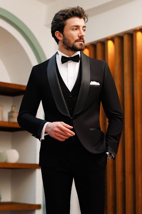 Elevate your formal style with our black slim-fit tuxedo 3-piece set, making a statement of refined elegance. The single-breasted blazer, complete with peak lapels and a fully lined interior, exudes sophistication and attention to detail. #groom #mensstyle #tuxedo #blacktie #blacktuxedo #menattire #menwear #attire #menoutfit #fashion #stylish #dapper Men Tuxedo Wedding, Tuxedo For Men Wedding, Tuxedo Suit For Men, Black Tuxedos, Wedding Suits Men Black, Blazer Waistcoat, Men Tuxedo, Groom And Groomsmen Suits, Wedding Tux