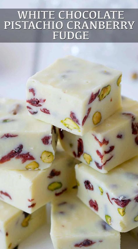 White Chocolate Pistachio & Cranberry Fudge comes together in minutes and is pretty and festive enough to give as a gift. Not too sweet, just creamy and delicious with a little crunch from the pistachio's and slightly tart from the cranberries. #holidayfudge #christmasfudge #whitechocolatefudge #pistachiocranberry