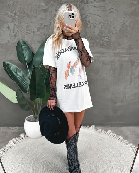 #taptoshop #summerfashion #boutique Graphic Tee As A Dress, Dallas Bar Outfits, Dress Up An Oversized Tshirt, Jessi Murph Concert Outfits, Hipster Going Out Outfit, Oversized Tee Cowboy Boots, Oversized Tee And Tights, Edgy Winery Outfit, February Nashville Outfits