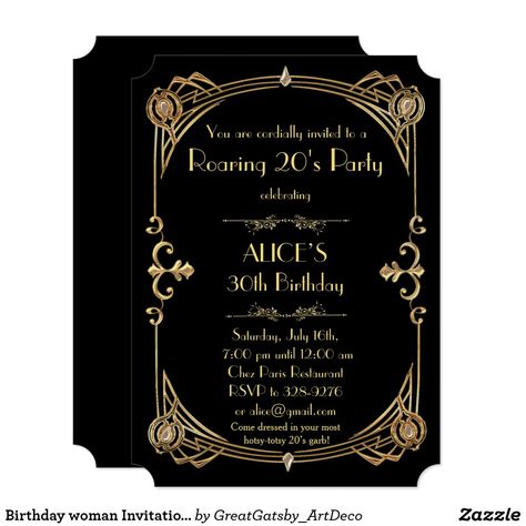 Birthday woman Invitation Any age, Art Deco Gatsby 1920s Party Invitations, Great Gatsby Invitation, Art Deco Birthday, Gatsby Birthday Party, 007 Casino Royale, Printable Wedding Program Template, Great Gatsby Style, Deco Wedding Invitations, Great Gatsby Theme