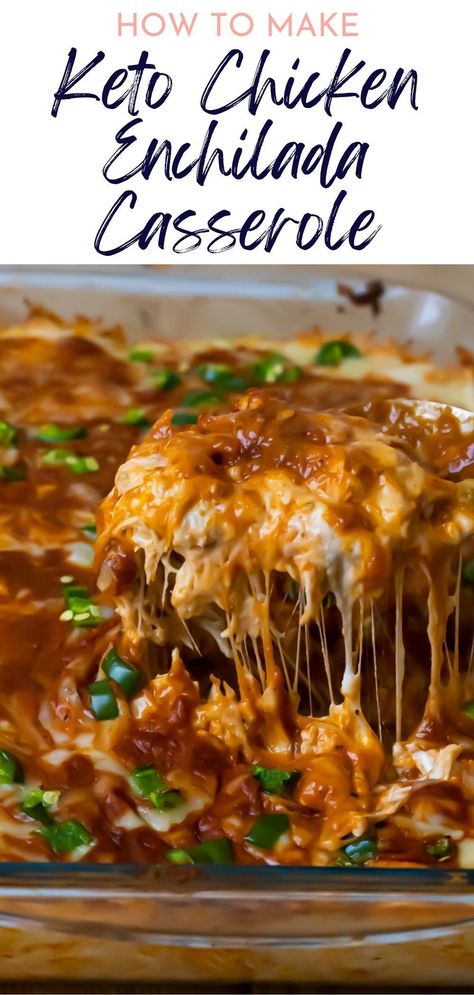 Get your Tex-Mex fix with this Easy Cheesy Keto Chicken Enchilada Casserole! Made with simple ingredients like cheese, cream cheese, and enchilada sauce, this keto-friendly casserole is perfect for a quick weeknight dinner. Plus, it's a great way to use up leftover chicken or turkey. Low Carb Jalapeno Chicken Casserole, Keto Shredded Chicken Casserole, Keto Recipes Rotisserie Chicken, Low Carb Cheese Enchiladas, Keto Friendly Rotisserie Chicken Recipes, Leftover Chicken Recipes Keto Friendly, Keto Green Enchilada Casserole, Keto With Rotisserie Chicken, Keto Green Chicken Enchilada Casserole