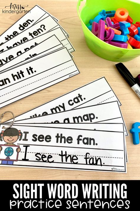 Sight Word Writing Practice, Sentences Kindergarten, Kindergarten Writing Activities, Word Reading, Sight Word Centers, Preschool Sight Words, Writing Sight Words, Sight Word Sentences, Writing Station