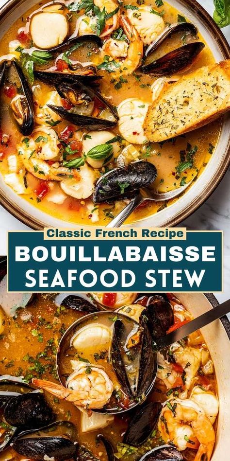 Make a French classic with our Bouillabaisse recipe, inspired by Julia Child. This authentic seafood stew combines the freshest ingredients and traditional Provençal flavors, and it's SO perfect for seafood lovers. Healthy Seafood Soups And Stews, Inexpensive Seafood Recipes, French Bouillabaisse Recipe, French Seafood Soup, Bouliabais Seafood, Bouliabais Recipe, French Shrimp Recipe, Portuguese Seafood Recipes, Seafood With Rice