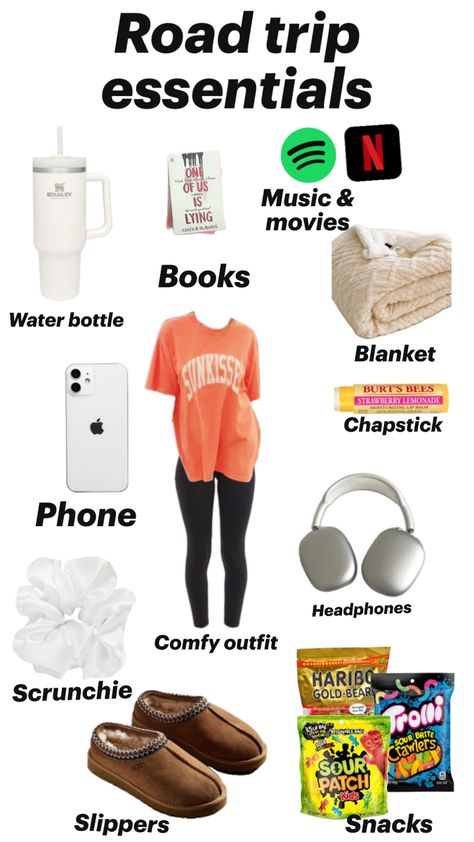 All you need for a long car ride! Long Car Ride Outfits, Car Ride Outfit, Road Trip Necessities, Trip Essentials Packing Lists, Road Trip Bag, Road Trip Kit, Preppy Travel, Road Trip Outfit, Airplane Travel Essentials