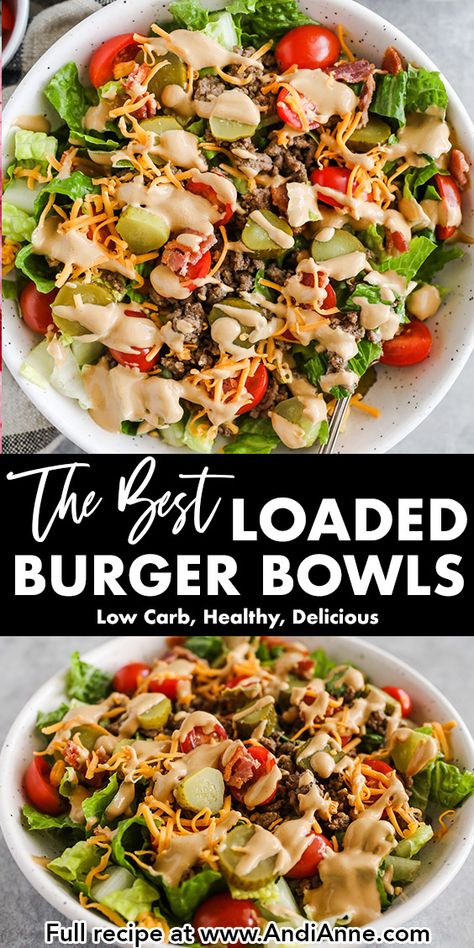 Healthy Recipes Dinner Ground Beef, Hamburger Meat Salad Recipes, Salads Recipes For Dinner Ground Beef, Bacon Burger Bowl, Healthy Eating Hamburger Meat, Healthy Meals Hamburger Meat, Burger Bowl Dressing, Hamburger Clean Eating Recipes, Healthy Hamburger Salad