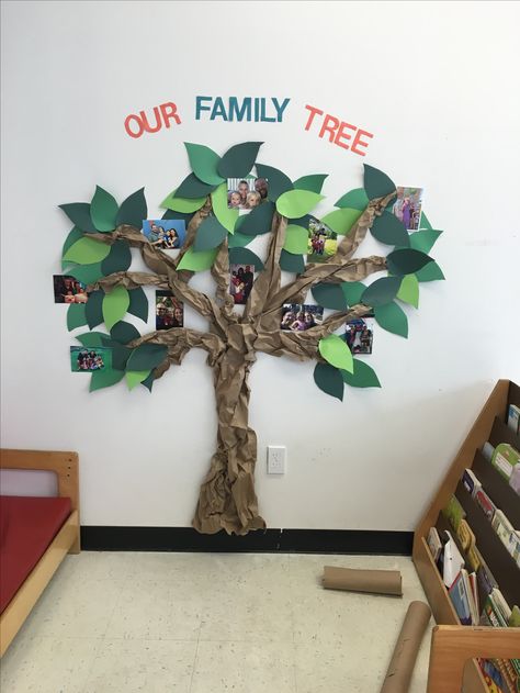 Daycare Family Wall Ideas, Family Tree Infant Classroom, Family Tree Ideas Preschool Classroom, Tree Wall Decoration Preschool, Family Tree Nursery Ideas, Family Tree Ideas For Daycare, Diy Family Tree For Classroom, Class Family Tree Classroom, Class Family Tree Preschool