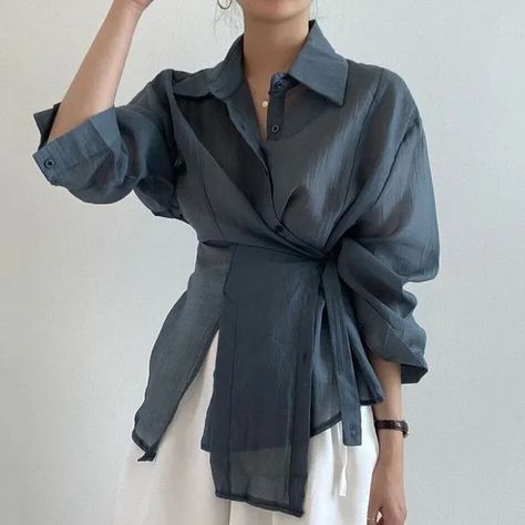 Casual Elegant Style, Button Shirts, Loose Long Sleeve, Shirts Women Fashion, Ținută Casual, Wrap Shirt, Dream Design, 가을 패션, Skorts