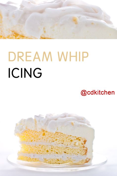 Dream Whip Icing - Made with Dream Whip topping mix, vanilla pudding mix | CDKitchen.com Whipped Icing Recipes, Gluten Free Icing, Pudding Icing, Pudding Frosting, Cream Filling Recipe, Whipped Icing, Dream Whip, Frosting Recipes Easy, Whipped Frosting