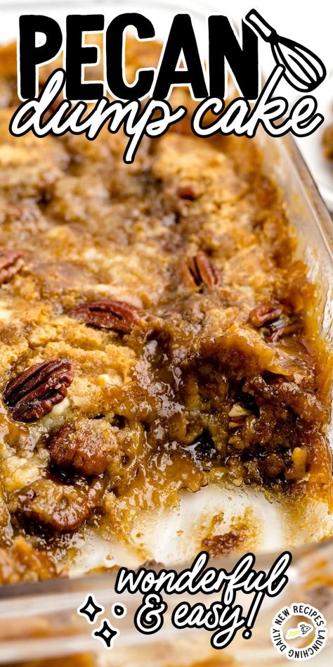 Savor the irresistible combination of sweet, caramel-like brown sugar, crunchy pecans, and effortless preparation in our pecan dump cake. Pecan Cobbler Dump Cake, Pecan Dump Cake, Pecan Delight, Pecan Desserts Recipes, Pecan Pie Cake, Pecan Desserts, Cake Mix Desserts, Dark Brown Sugar, Dessert Simple