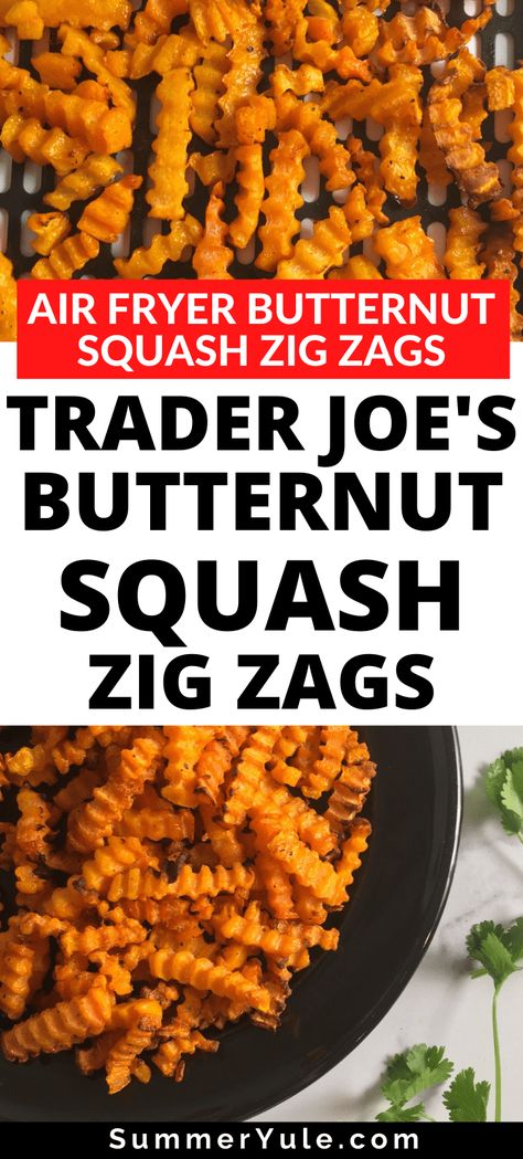 Learn how to cook Trader Joe’s butternut squash zig zags in an air fryer! This Trader Joe’s butternut squash zig zags air fryer recipe is the BEST way to make roasted butternut squash. You’ll love this easy air fryer recipe that works as a side dish, snack, or appetizer. You can even use air fryer butternut squash zig zags as a vegan and gluten free substitute for pasta or fries! #airfryer #vegan #glutenfree #vegetarian #sidedish #lowcalorie Trader Joes Zig Zag Butternut Squash, Trader Joe’s Butternut Squash Zig Zags, Air Fryer Squash Chips, Zig Zag Butternut Squash Recipes, Air Fryer Roasted Squash, Roasted Butternut Squash Air Fryer, Air Fried Butternut Squash, Butternut Squash Air Fryer Recipes, Air Fryer Butternut Squash Fries