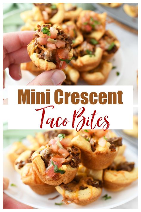 Crescent Roll Taco Cups - These Mini Crescent Taco Bites are so easy and delicious to enjoy for a quick meal or appetizer. They are extremely kid-friendly and take less than 30 minutes to put together. #TacoBites #TacoCups #crescenttacos #crescentrolls via @muffintinrecipes Taco Pizza Crescent Rolls, Taco Bites Crescent Rolls, Mini Taco Bites Appetizers, Crescent Roll Bites, Taco Cups Crescent Rolls, Funny Appetizers, Taco Bites Appetizers, Crescent Taco, Mini Taco Appetizer