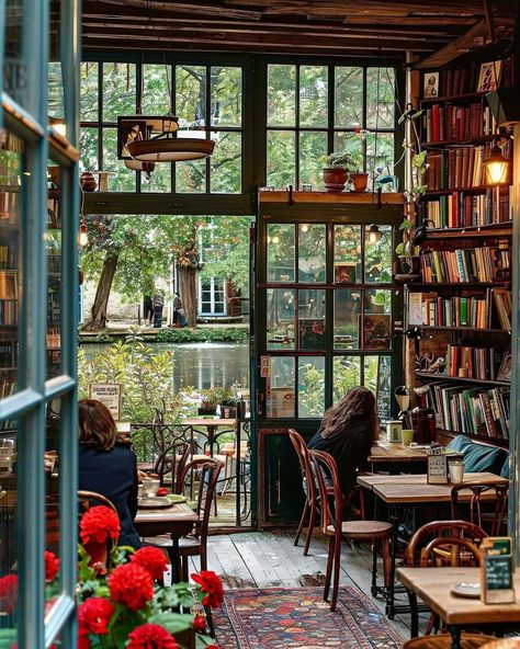 Cafe In Library, Cozy Tea Shop Aesthetic, Coffee Shop In A House, Cottagecore In The City, Library With Cafe, Small Cafe Design Cozy, Comfy Bookstore, Books And Coffee Shop, Romantic Coffee Shop