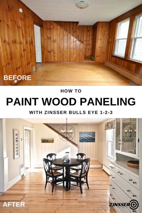 Say goodbye to 1970's knotty pine wood paneling and give your room a fresh new start. Zinsser Bulls Eye 1-2-3 Primer is the perfect start for your wood paneling living room makeover, like this one from SoPo Cottage. This water-based primer sticks to all surfaces without sanding, while sealing stains and tannin bleed. Your walls will thank you. Renovation Ideas On A Budget, Wood Paneling Living Room, Wood Paneling Makeover, Knotty Pine Paneling, Knotty Pine Walls, Paneling Makeover, Architecture Renovation, Home Renovation Ideas, Painting Wood Paneling