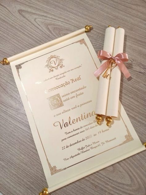 Scroll Quince Invitations, Rolled Up Quince Invitations, Cute Invitation Ideas For 15, 15 Cards Invitations, Aesthetic Quince Invitations, Invitation Ideas For Quinceanera, Cute Quince Invitations, Invation Cards Quince, Xv Invitations Ideas