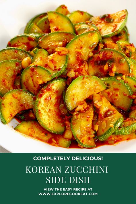 You won't believe how delicious this Korean Zucchini Side Dish is!  Spicy and yummy awesome banchan to accompany your next Korean meal!  #banchan #zucchini #koreansidedish #koreanzucchini Korean Squash Side Dish, Asian Zucchini Salad, Zucchini Kimchi Recipe, Korean Zucchini Recipes, Asian Zucchini Side Dish, Korean Squash Recipes, Gochujang Zucchini, Korean Zucchini Side Dishes, Kimchi Zucchini