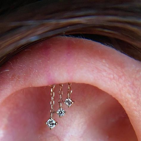 Rod Ear Piercing, Ear Chandelier Piercing, Vertical Cartilage Piercing, Floating Ear Piercing, Rose Gold Earring Stack, Invisible Helix Piercing, Dangling Helix Piercing, Hidden Helix Piercing Jewelry, Hidden Cartilage Piercing