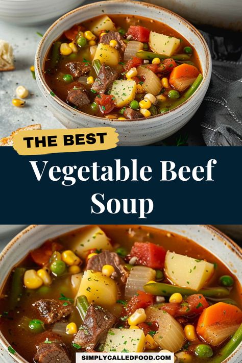 Discover the best vegetable beef soup recipe, an easy, quick, and simple homemade stew. Made with fresh vegetables, stew meat, and rich beef broth, it's perfect for a fast, keto-friendly meal. You can also add cabbage for extra nutrition. You can prepare vegetable beef soup in a Crock Pot, instant pot, slow cooker, pressure cooker, or stove top. Explore this vegetable beef soup recipe and more soup recipes at simplycalledfood.com. Vegetable Beef Soup With Barely, Beef And Vegetable Soup Instant Pot, Vegatable Beef Soup, Best Vegetable Beef Soup, Beef And Veggie Soup, Vegetable Beef Soup Recipes, Beef Soup Crockpot, Beef Broth Soup Recipes, Veg Beef Soup