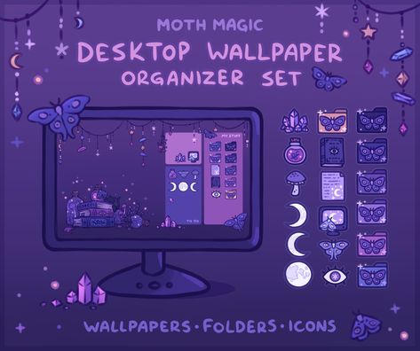 ʚɞ ☾･ﾟ｡｡･ﾟ.*✧･ﾟ ʚɞ A magical moth themed desktop set for anyone who might like some cute witchcraft on their desktop. Customize your icons, folders, shortcuts, and mouse cursor with matching theme and clean up your desktop with the organizer wallpaper. This set includes: 1 Organizer wallpaper in 5 different sizes 1 Desktop wallpaper in 5 different sizes 7 Colored folder icons 11 Other icons 2 Mouse cursors 2 Sizes of phone wallpapers Also includes a PDF with links to help/instructions After purc #icons #icondesign #customicons #businessicons #socialmediaicons #facebookicon #instagramicon #twittericon Pusheen Desktop Wallpaper, Computer Organization Desktop, Desktop Folder Icons Free, Witchy Laptop Wallpaper, Wallpaper Pc Organizer, Purple Desktop Background, Free Desktop Wallpaper Organizer, Computer Wallpaper Organizer, Desktop Icons Aesthetic