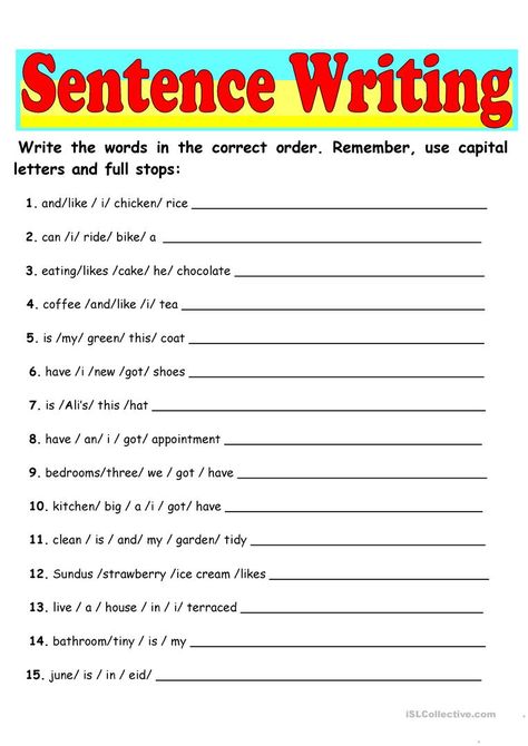 Sentence Writing - English ESL Worksheets for distance learning and physical classrooms English Writing Skills Worksheets, Scrambled Sentences Worksheet, Unscramble Sentences, Improve English Writing Skills, Sentence Unscramble, Paragraph Worksheets, Improve English Writing, Writing Sentences Worksheets, Vocabulary Sentences