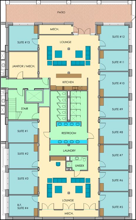 obviously not to this extent. like the idea Student Accomodation Floor Plan, Dorm Layout Ideas Floor Plans, Doorway Design Ideas, Dorm Building Exterior, Student Housing Plan, Dormitory Floor Plan, Bunker Floor Plans, Dorm Floor Plan, Dormitory Plan