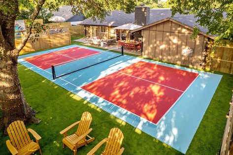 Pickleball Courts Home Basketball Court Outdoor, Diy Pickleball Court, Pickle Ball Court Backyard, Pickleball Court Backyard, Backyard Pickleball Court, Tennis Court Backyard, Oasis Resort, Zion Camping, Home Basketball Court